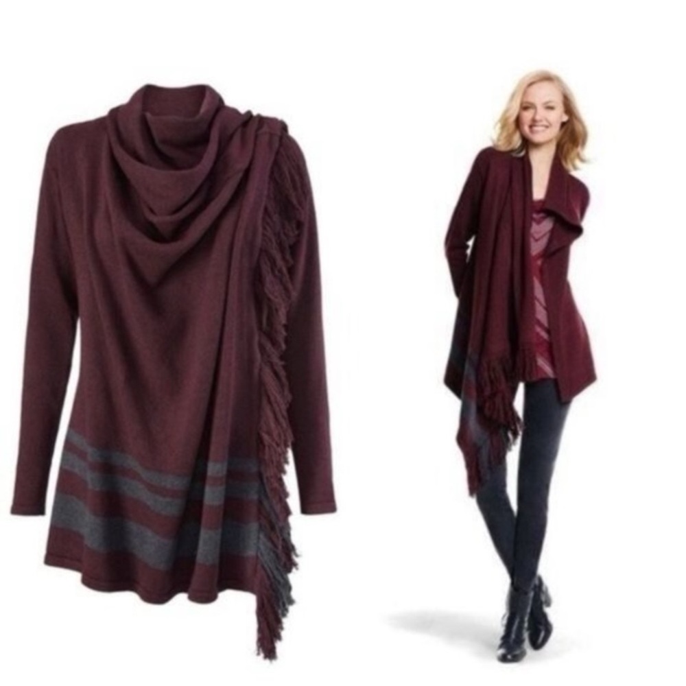 CAbi Burgundy and Gray Sweater Poncho